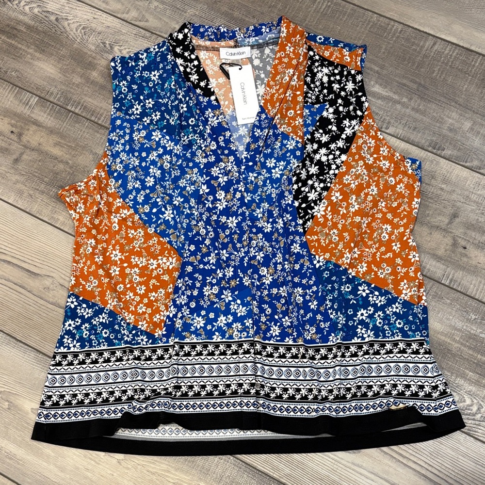 Calvin Klein Floral Patchwork Sleeveless Blouse Blue Orange Black NWT 1X